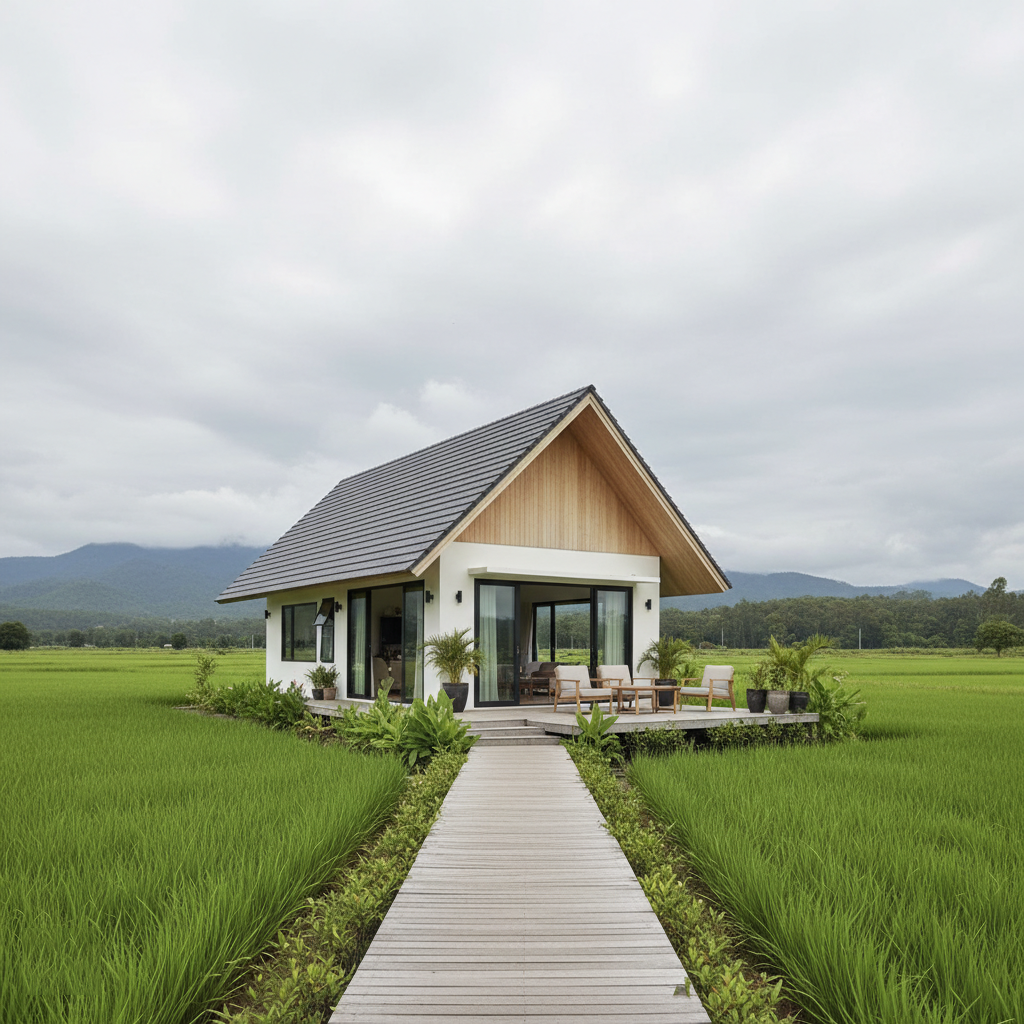 rumah panggung view sawah atap miring atap pelana - Ide Villa Panggung dengan View Sawah