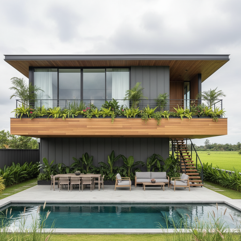 villa kontemporer view sawah - Ide Villa Panggung dengan View Sawah