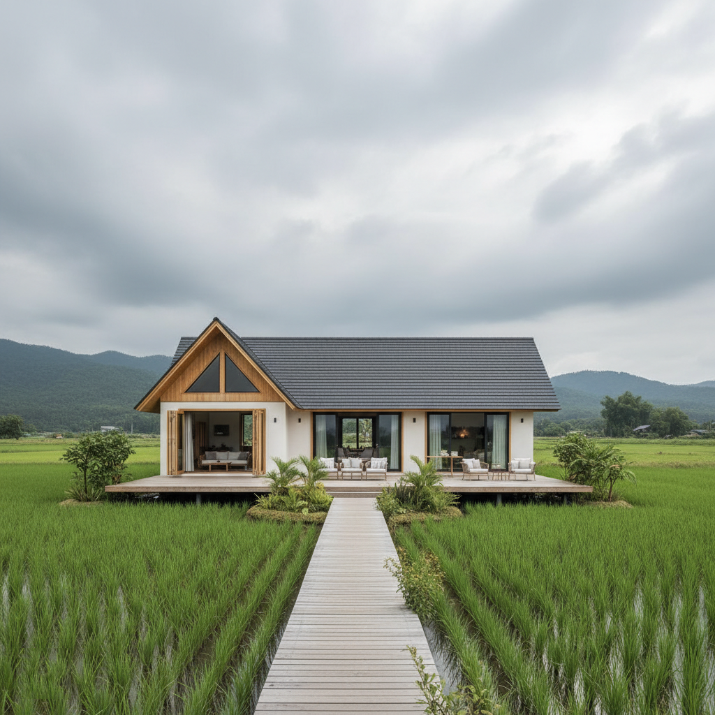 villa panggung view sawah dengan deck - Ide Villa Panggung dengan View Sawah