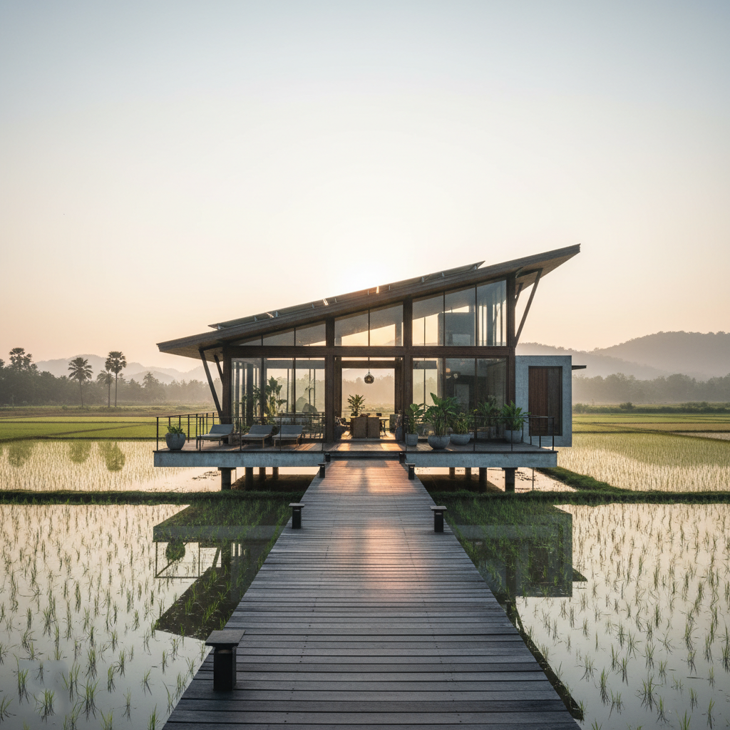 villa panggung view sawah dengan dek industrialis - Ide Villa Panggung dengan View Sawah