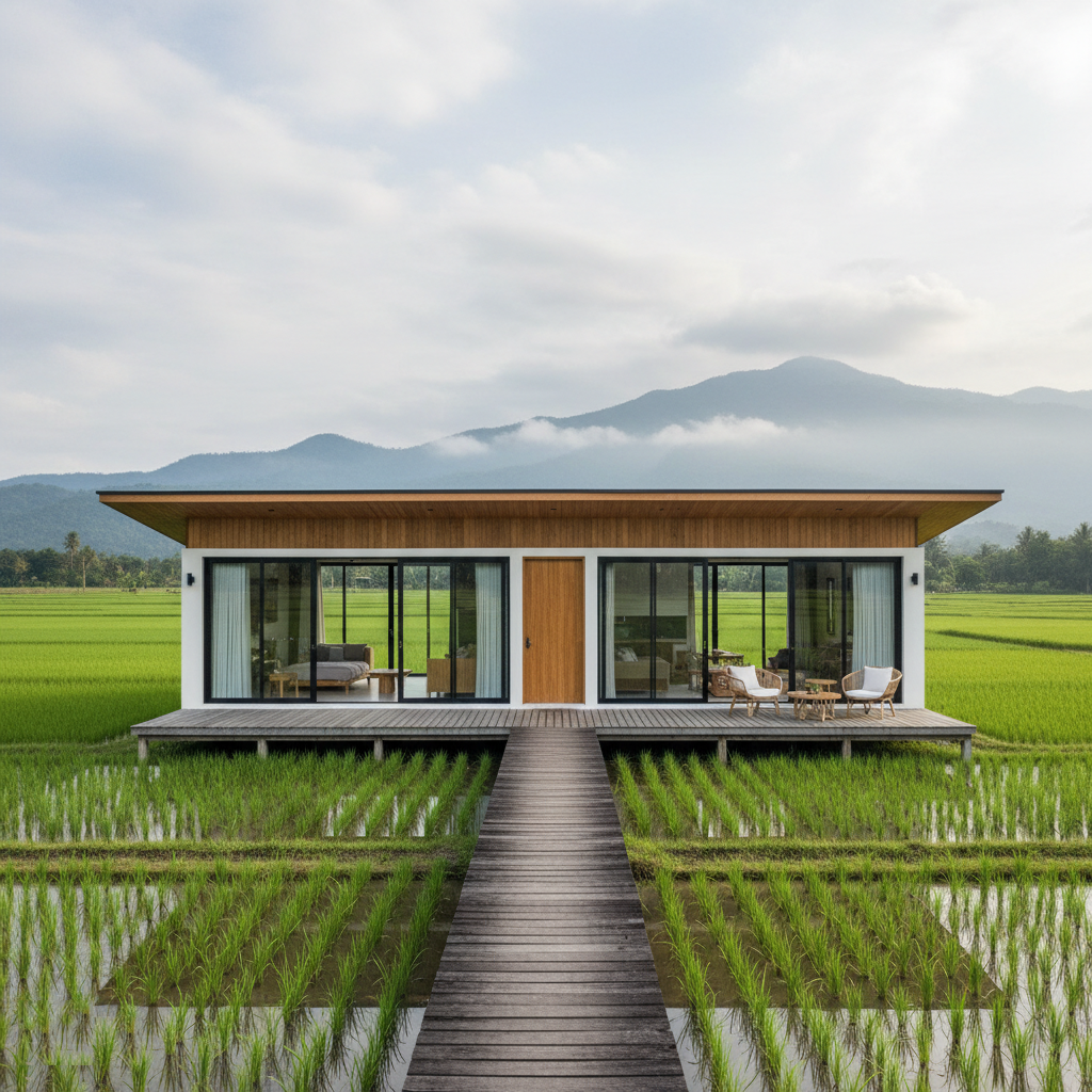 villa panggung view sawah dengan dek kontemporer - Ide Villa Panggung dengan View Sawah