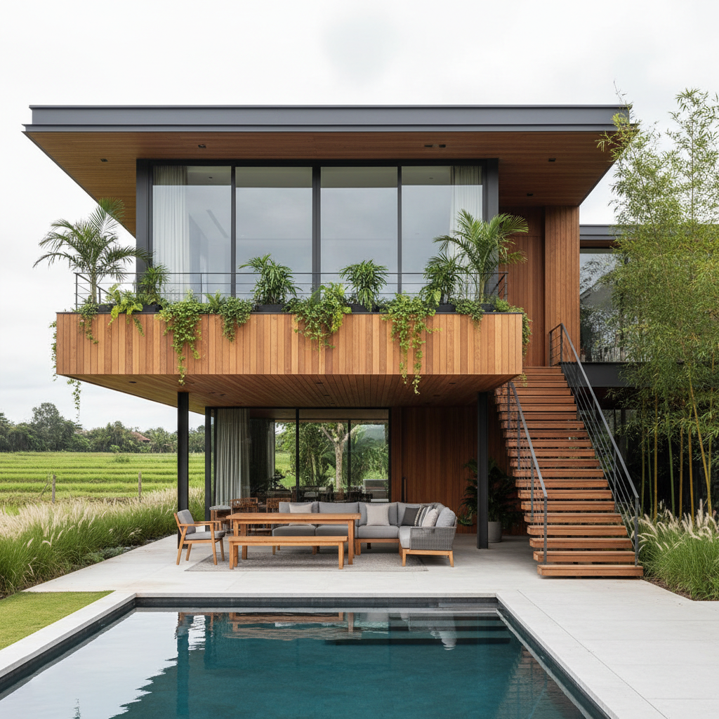 villa view sawah dengan kolam renang - Ide Villa Panggung dengan View Sawah