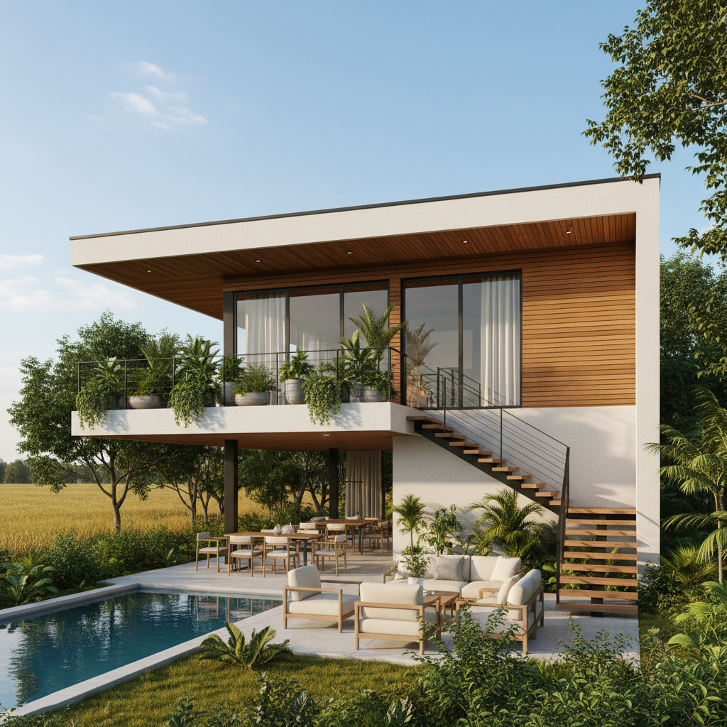 villa view sawah kontemporer - Ide Villa Panggung dengan View Sawah